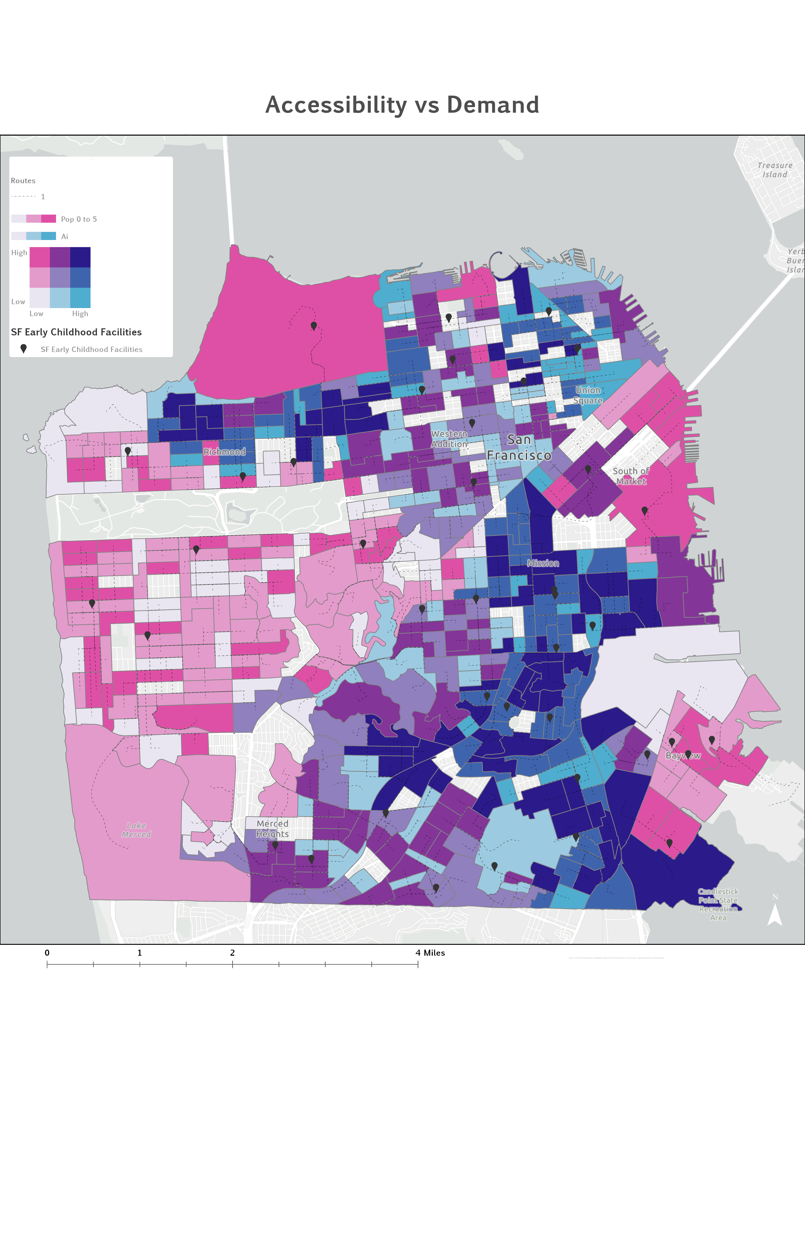 Accessibility vs. Demand bivariate map — San Francisco childcare